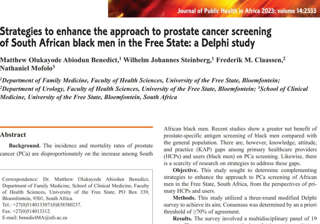 August 2023: Paper of the Month by Benedict et al., 2023 – Strategies to enhance the approach to prostate cancer screening of South African Black men in the Free State: a Delphi study.