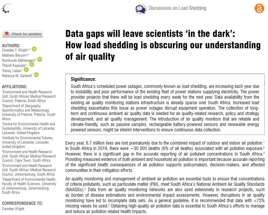 November 2023: Paper of the Month by Wright et al., 2023 – Data gaps will leave scientists’ in the dark’: How load shedding is obscuring our understanding of air quality.