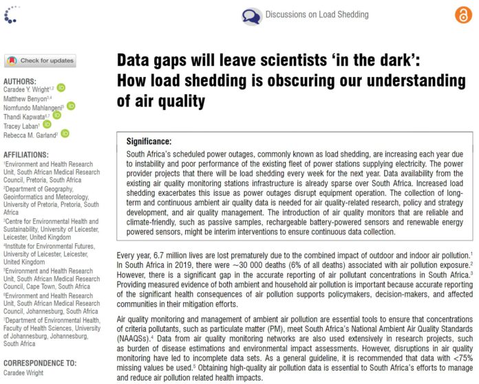 November 2023: Paper of the Month by Wright et al., 2023 – Data gaps will leave scientists’ in the dark’: How load shedding is obscuring our understanding of air quality.