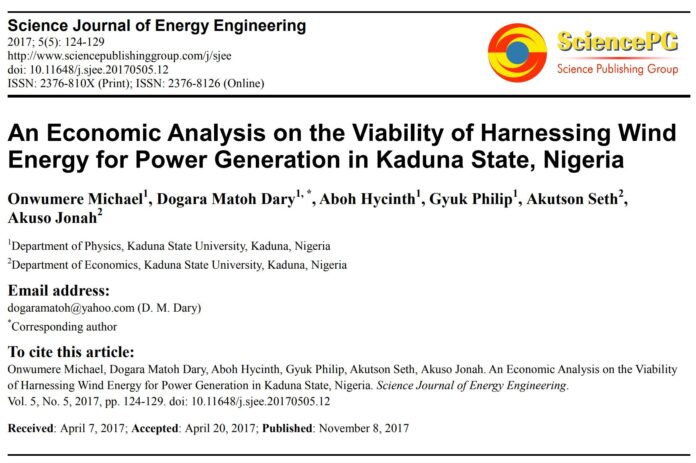 December 2023 Paper of the Month by Samuel et al., 2023 – The Economic Analysis of Wind Farm Feasibility in Nigerian Defence Academy, Afaka Kaduna.