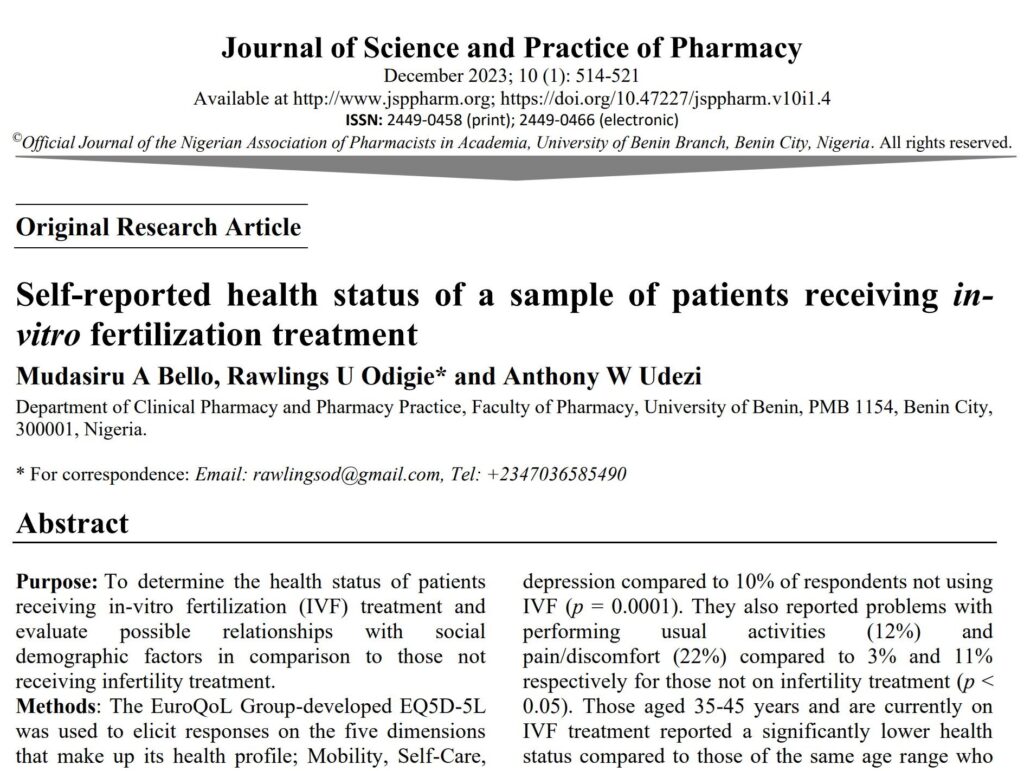 February 2024: Paper of the Month by Bello et al., 2023 – Self-reported health status of a sample of patients receiving in-vitro fertilization treatment.