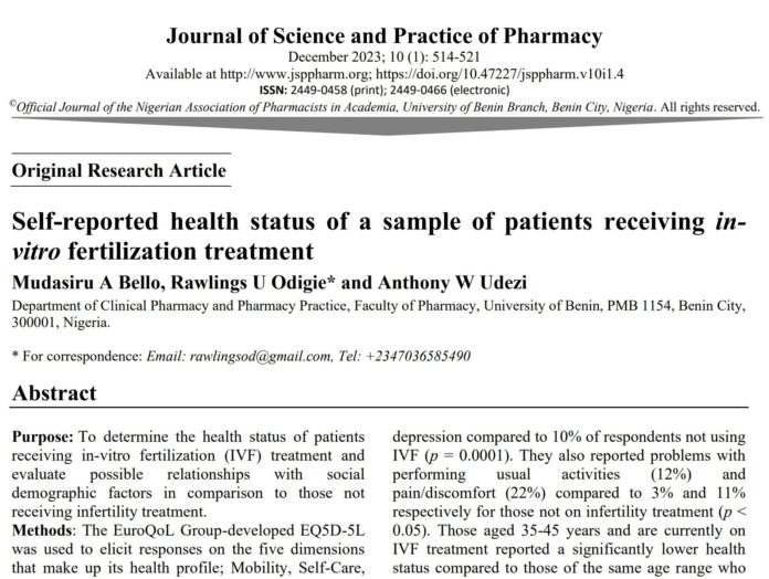 February 2024: Paper of the Month by Bello et al., 2023 – Self-reported health status of a sample of patients receiving in-vitro fertilization treatment.
