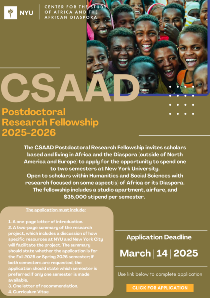 CSAAD 2025-2026 Postdoctoral Research Fellowship at NYU for African Scholars – $35,000 Stipend & Full Funding