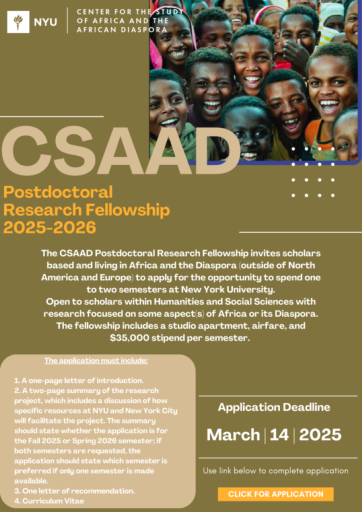 CSAAD 2025-2026 Postdoctoral Research Fellowship at NYU for African Scholars – $35,000 Stipend & Full Funding